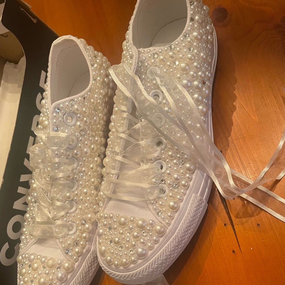 Gorgeous pearl and rhinestone wedding Converse sneakers - worn once!